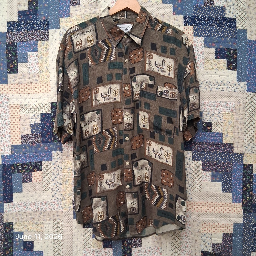 Vintage Goouch 100% Silk Shirt Mens Medium Abstract Geometric Bird Print Casual